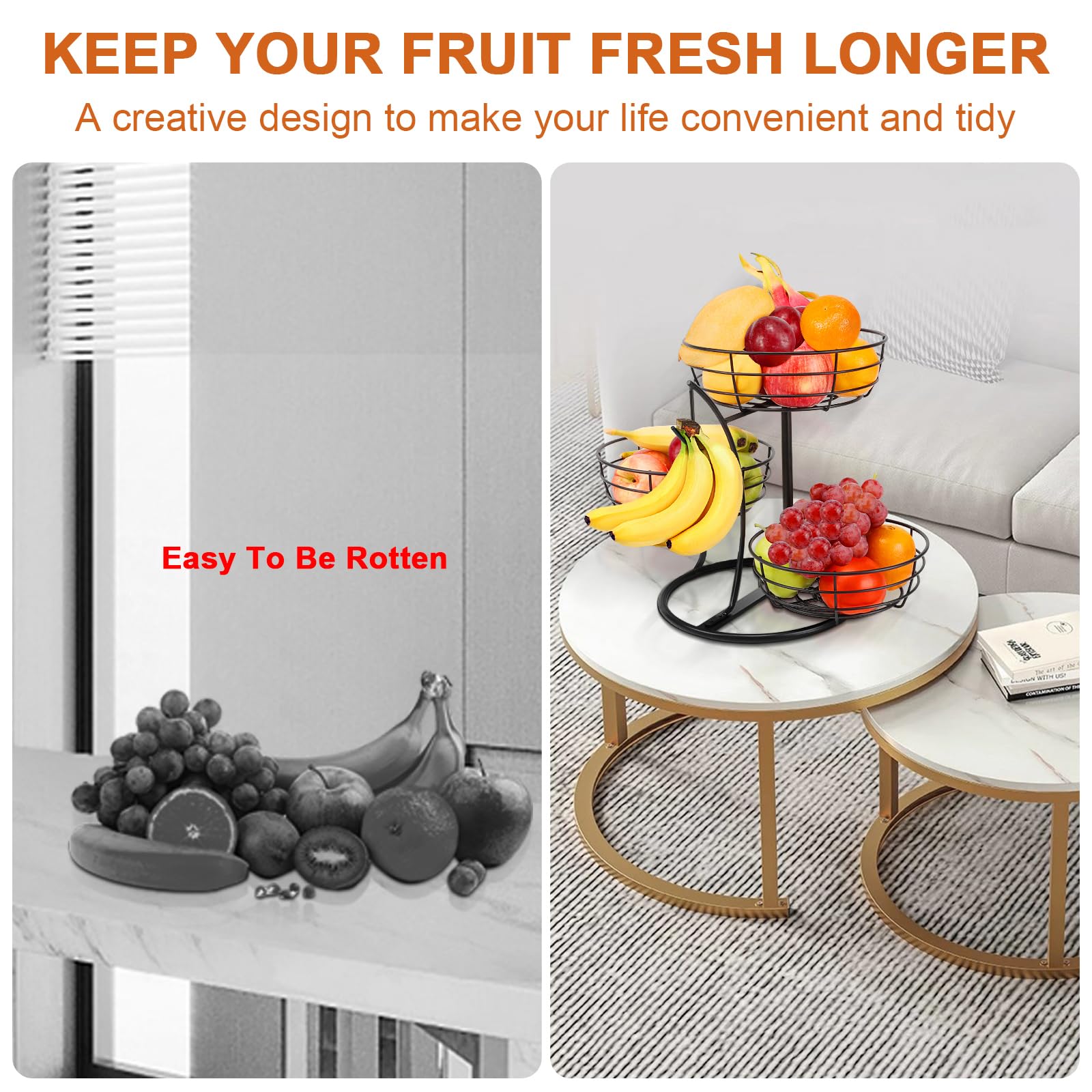 Livabber baskets filled with fruit demonstrate practical counter storage.