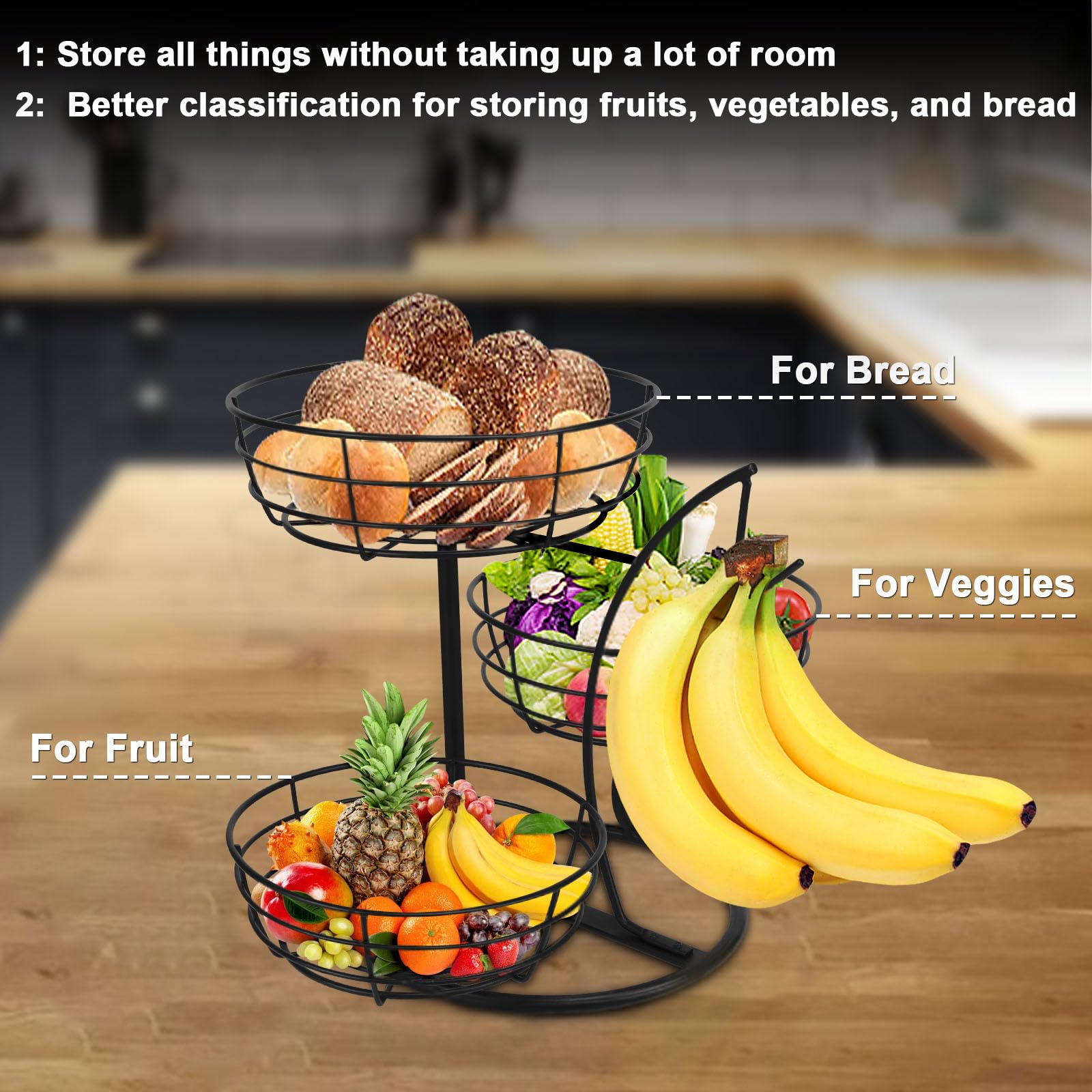Livabber black finish fruit basket with banana holder enhances kitchen organization.
