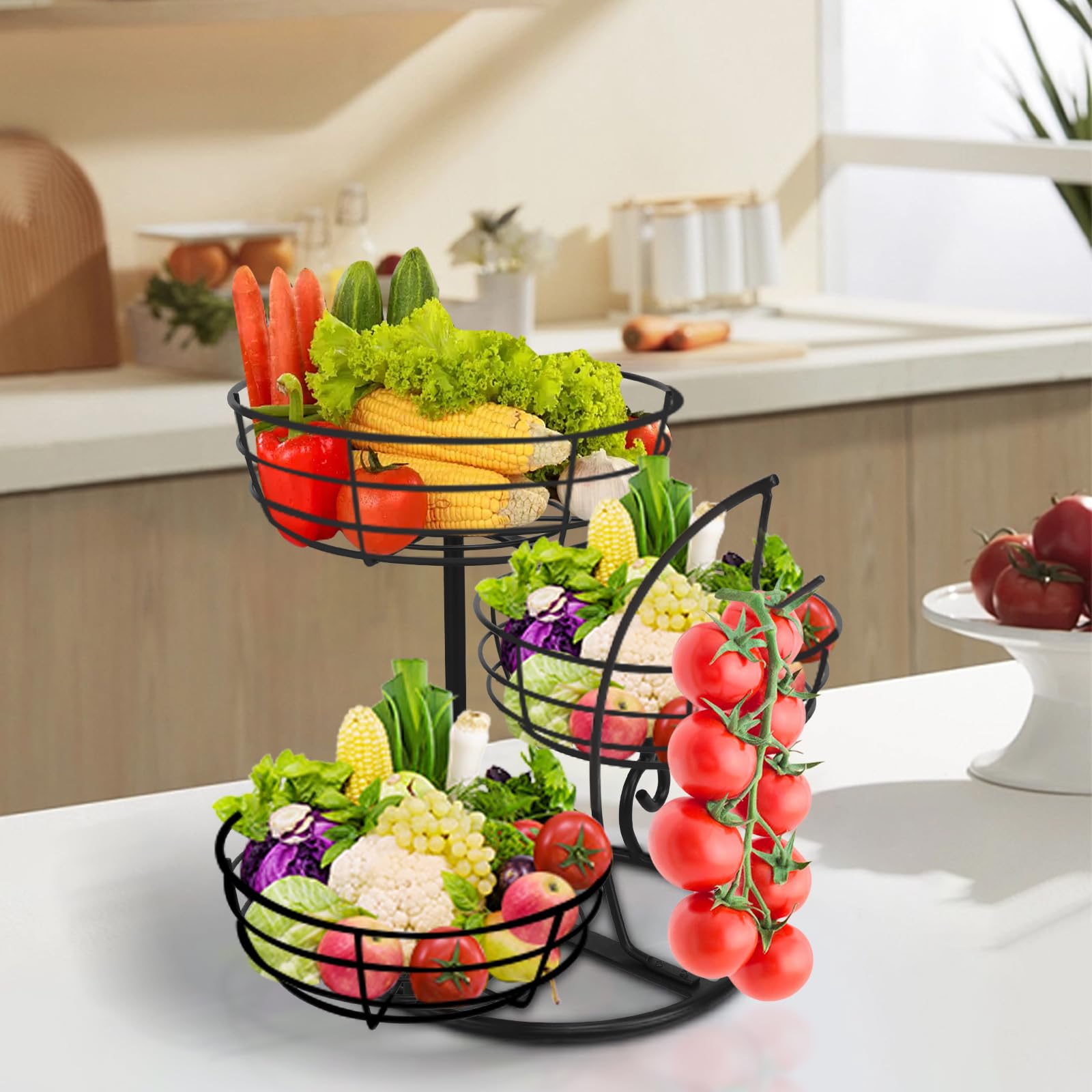 Livabber 3-tier metal fruit organizer assembled on kitchen counter for everyday use.