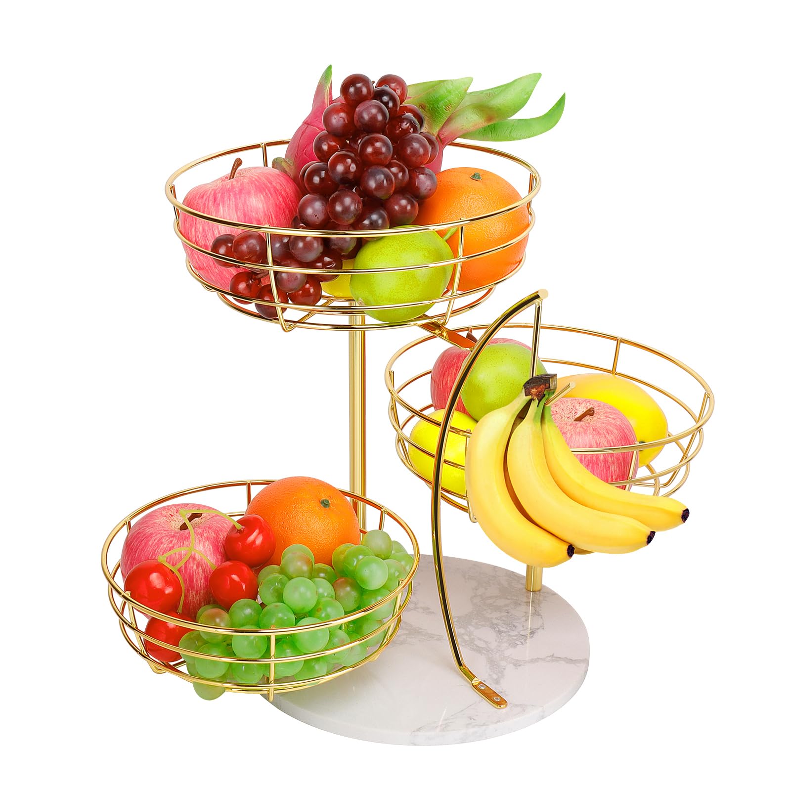 Livabber fruit basket with banana hanger on a gold marble base for organized kitchen storage.
