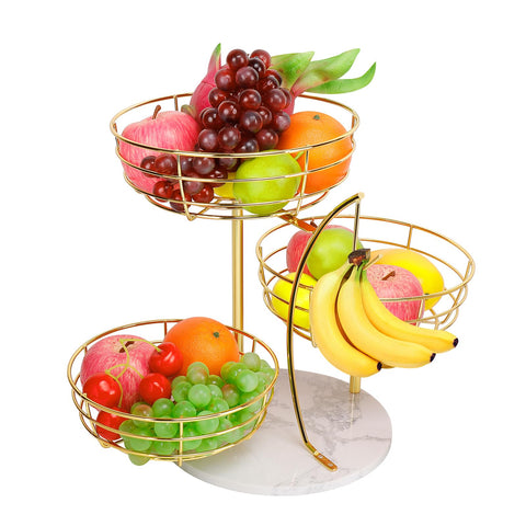 Livabber fruit basket with banana hanger on a gold marble base for organized kitchen storage.
