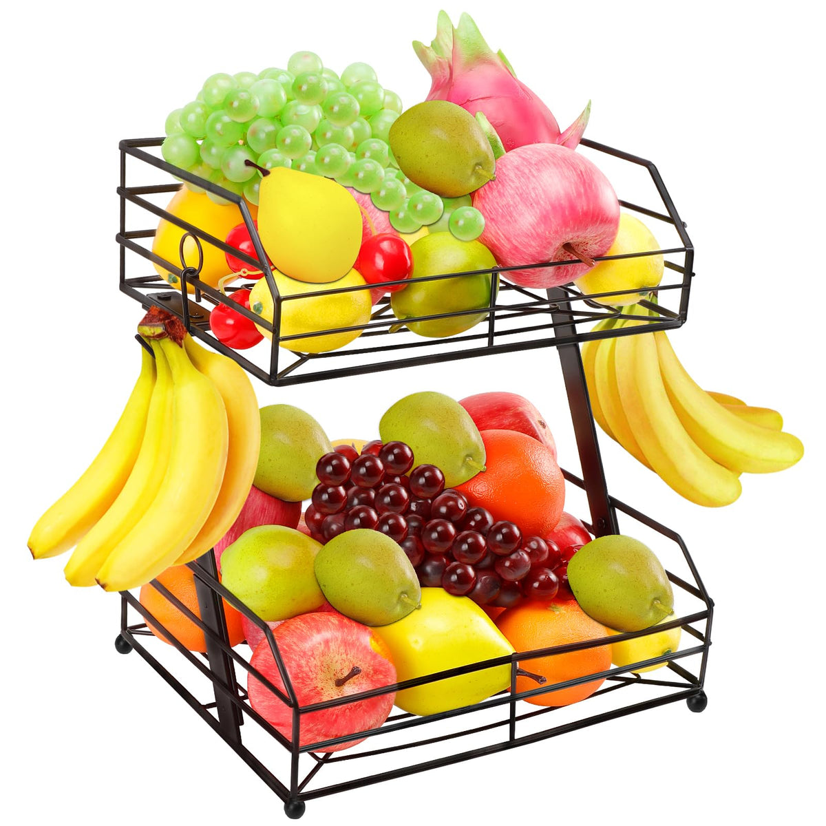 Livabber two-tier fruit basket with banana hooks keeps fruit organized on the counter.