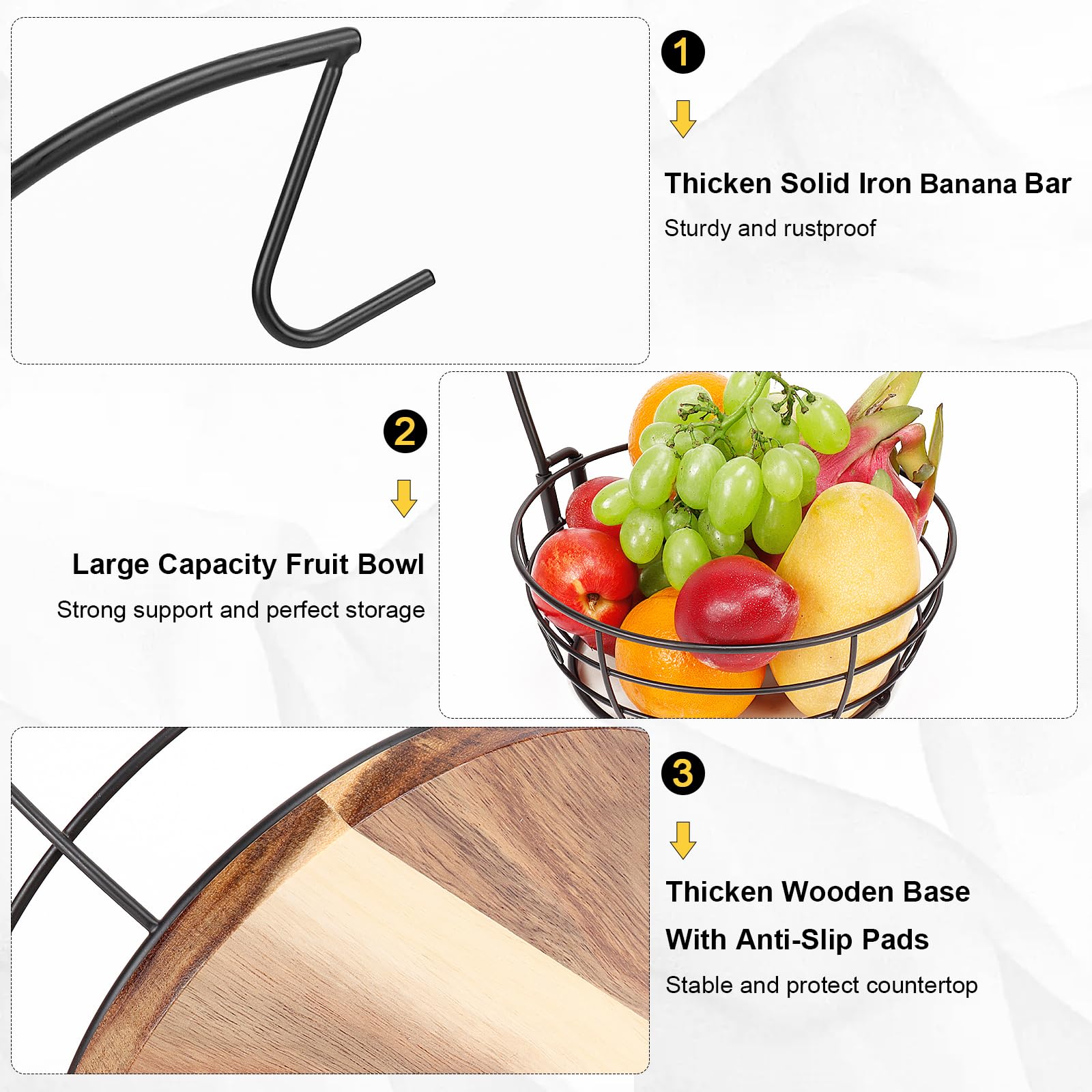 Livabber round wood base adds stability to the fruit storage stand.