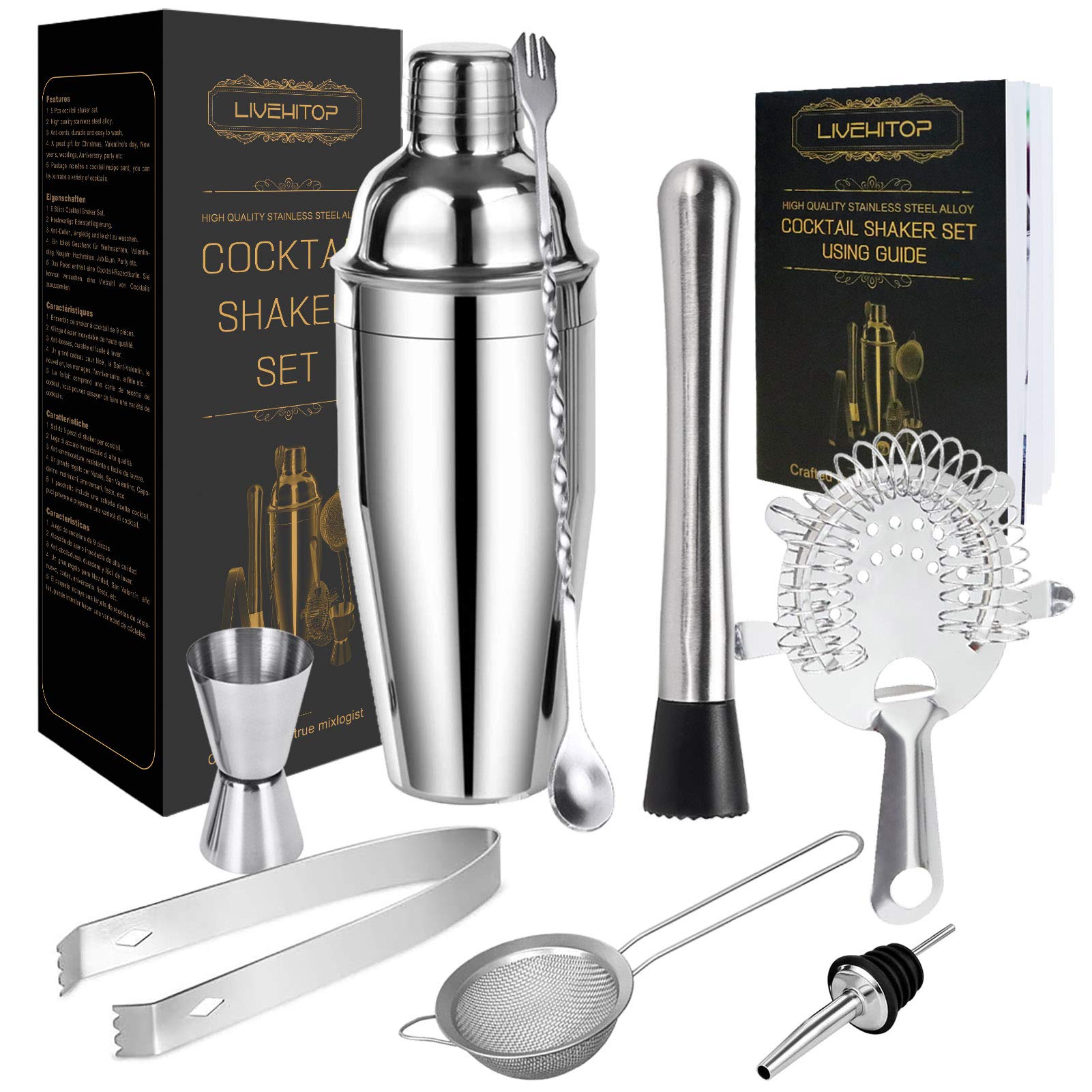 LIVEHITOP cocktail shaker set 25oz on a home bar for easy cocktails.