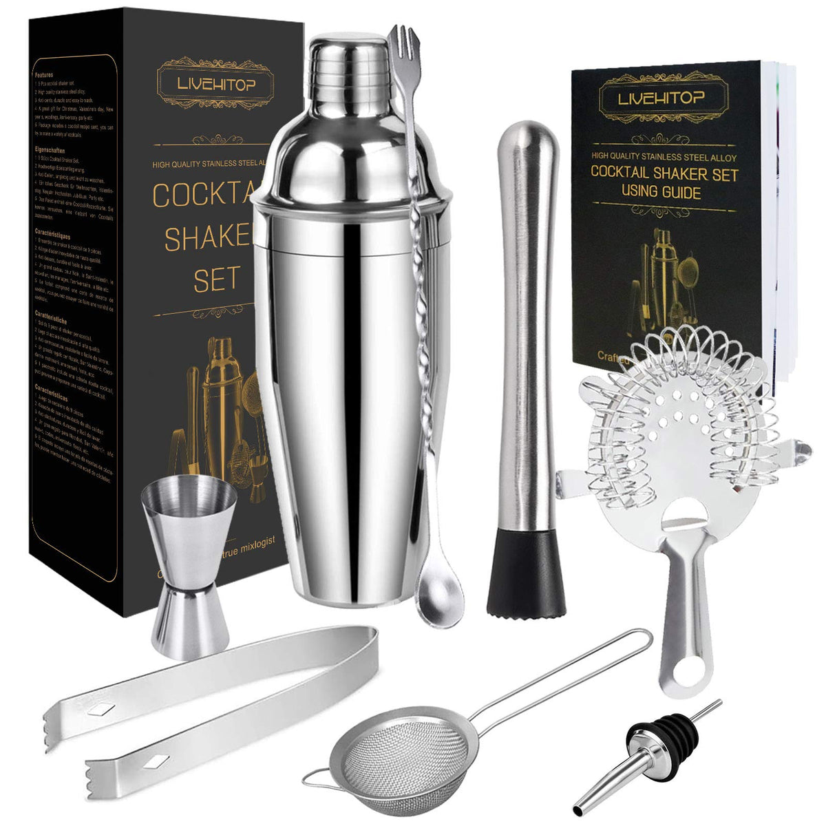 LIVEHITOP cocktail shaker set 25oz on a home bar for easy cocktails.