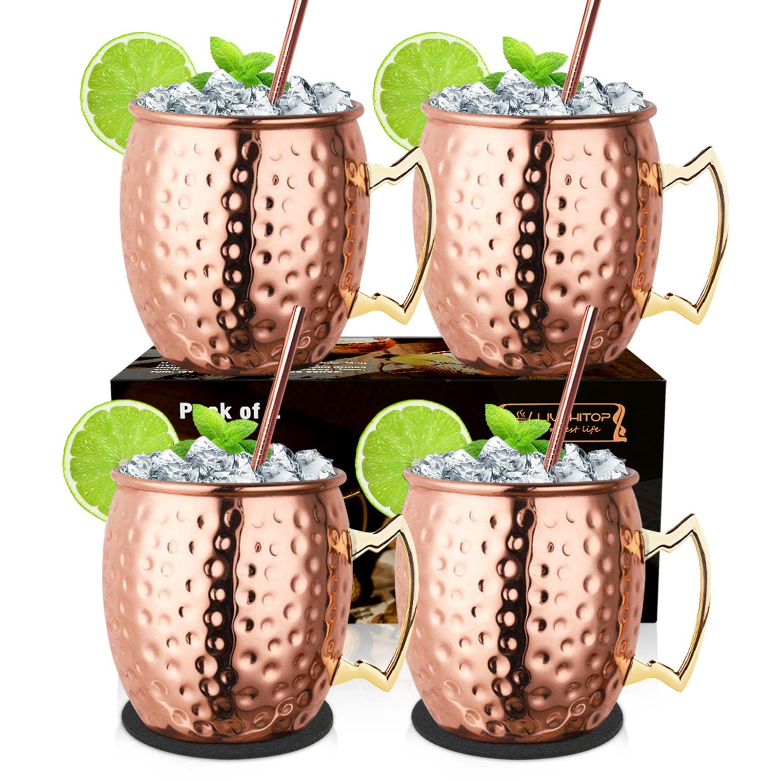 LIVEHITOP Moscow Mule mugs set with four cups elevates cocktails and keeps drinks cold.
