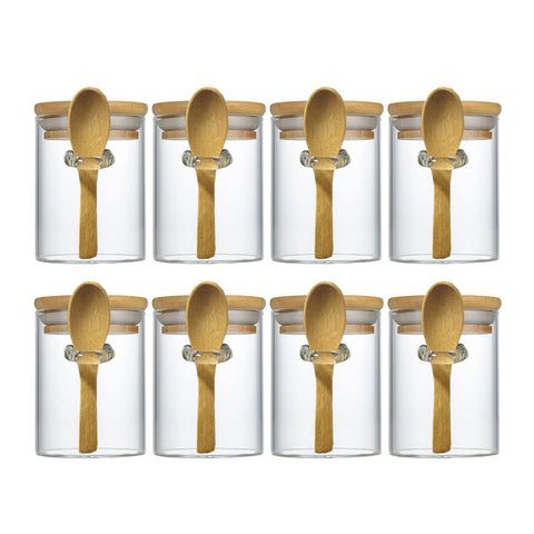 Livejun 7.6 oz glass jar with bamboo lid for pantry organization.