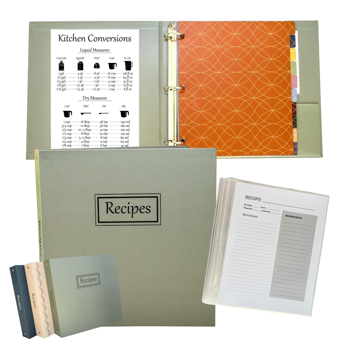 Liv'in Free sage green recipe binder cover, water-resistant and stylish for kitchen use.