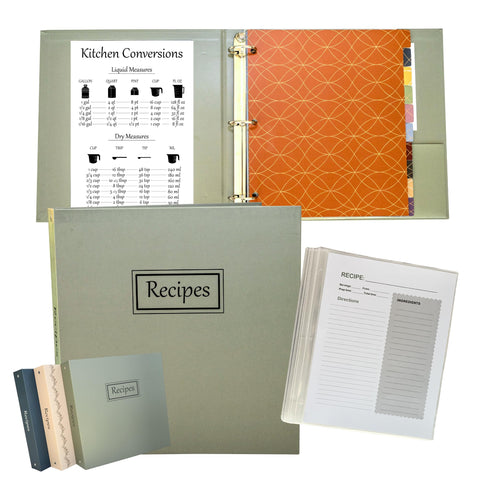 Liv'in Free sage green recipe binder cover, water-resistant and stylish for kitchen use.