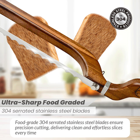 Living Canvas Design Bread Bow Knife shows ambidextrous design for versatile slicing.
