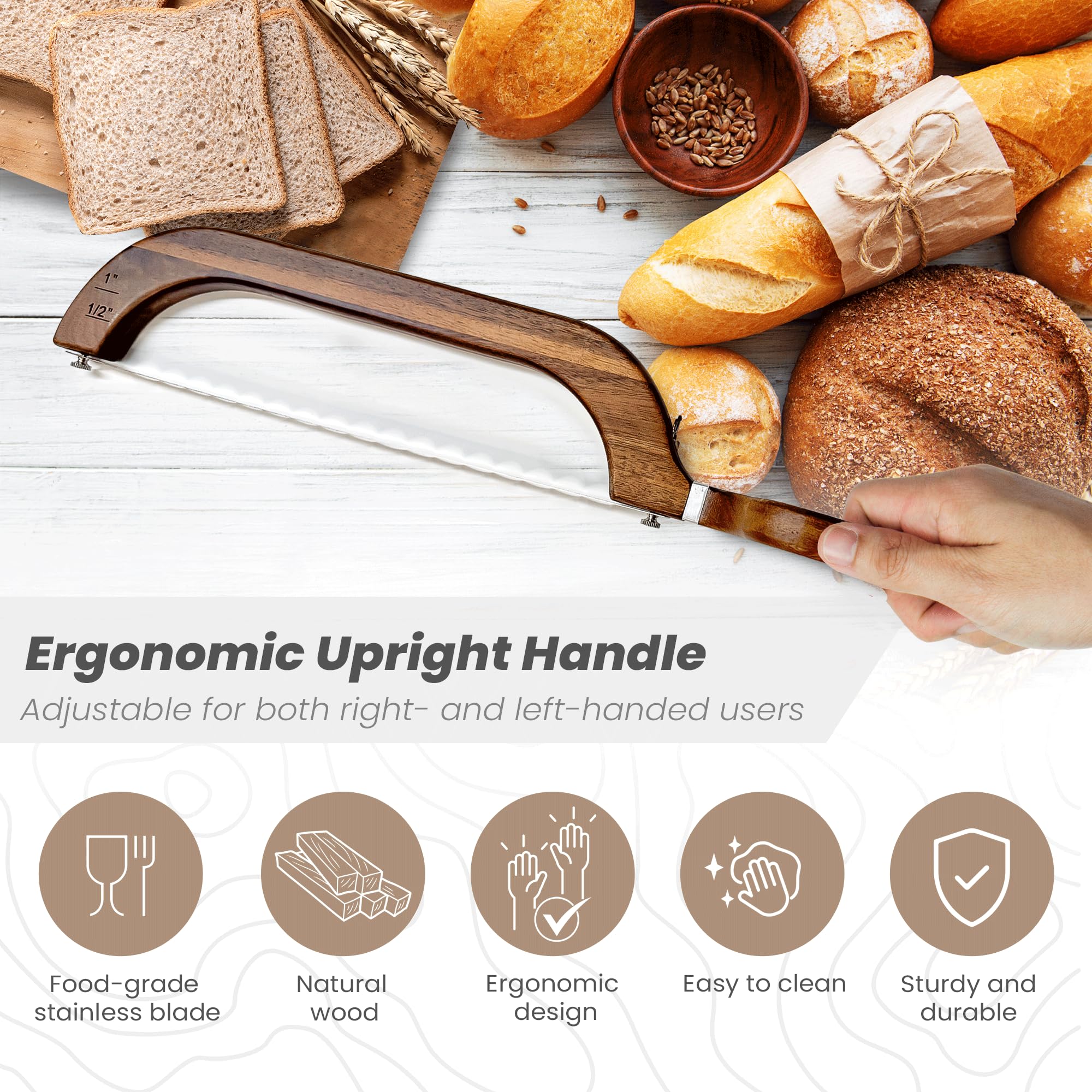 Living Canvas Design Bread Bow Knife blade close-up highlighting the thick serrated edge.