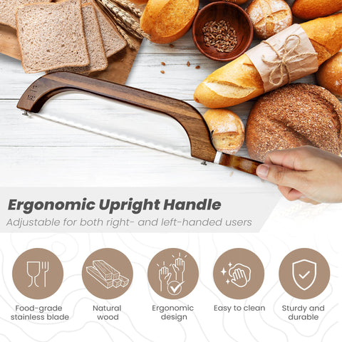 Living Canvas Design Bread Bow Knife blade close-up highlighting the thick serrated edge.