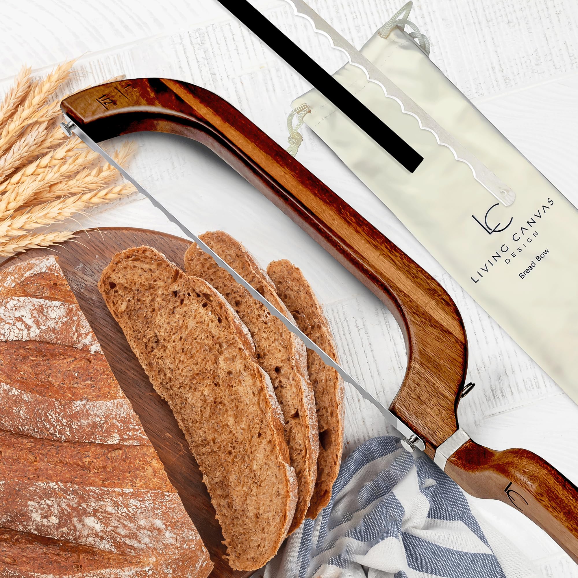 Living Canvas Design Bread Bow Knife ready to slice bread, bagels, and baguettes evenly.