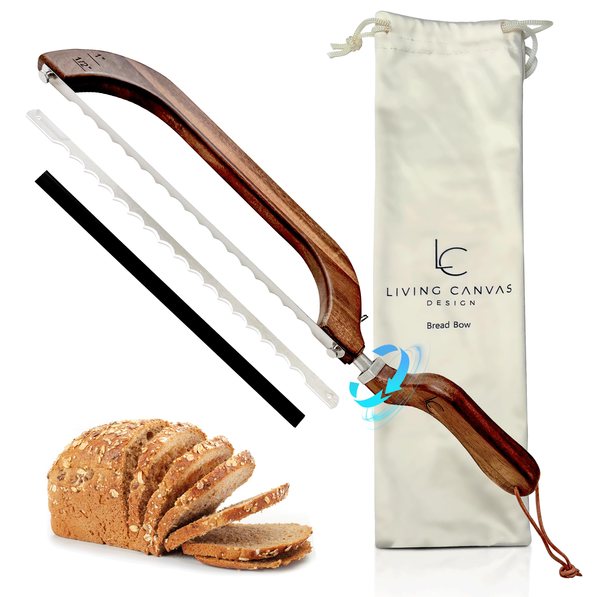 Living Canvas Design Bread Bow Knife front view showing a sturdy wooden body for smooth slicing.