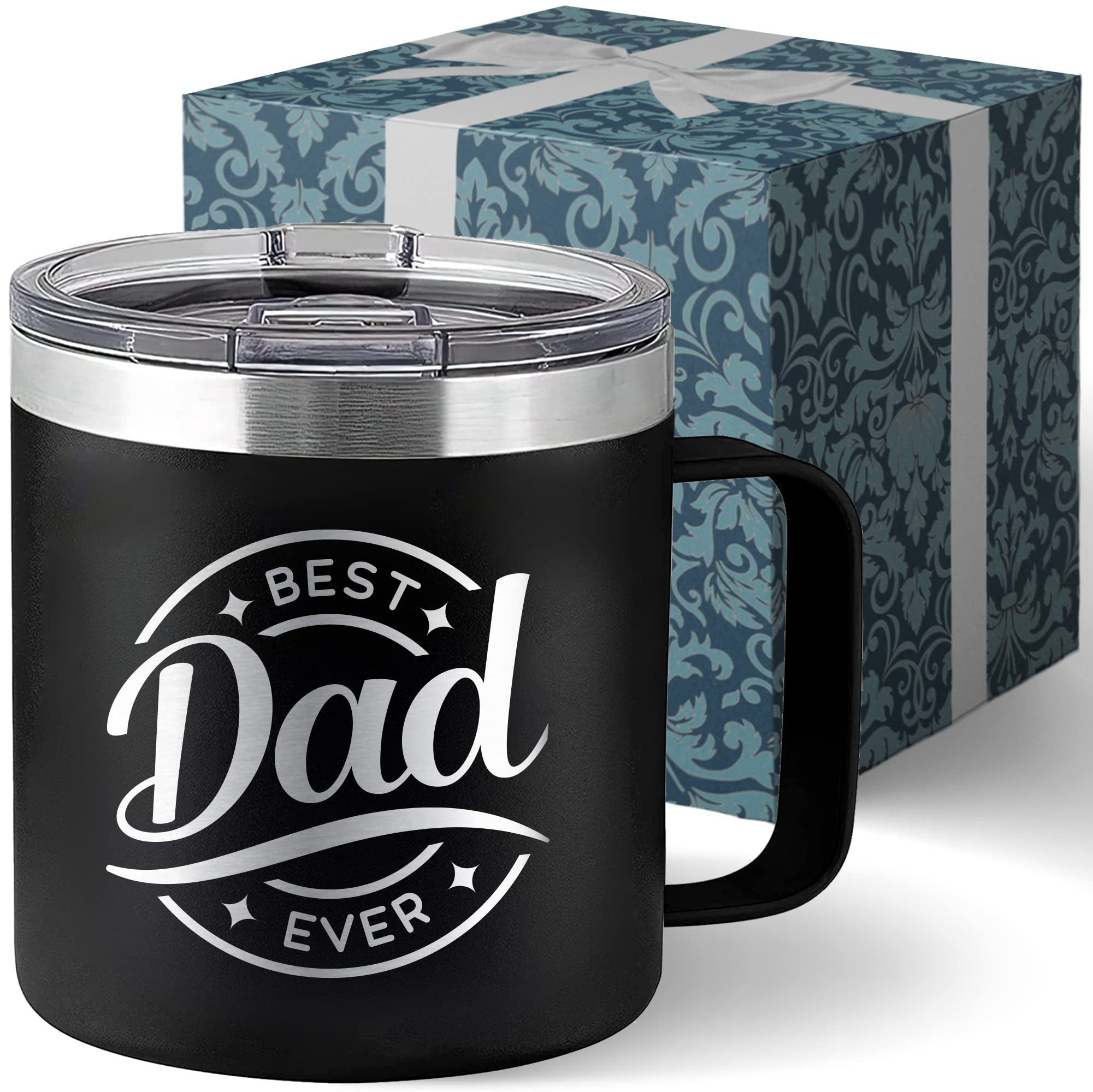 Livinges Best Dad Ever mug with lid shows 14oz capacity for spill-free coffee.
