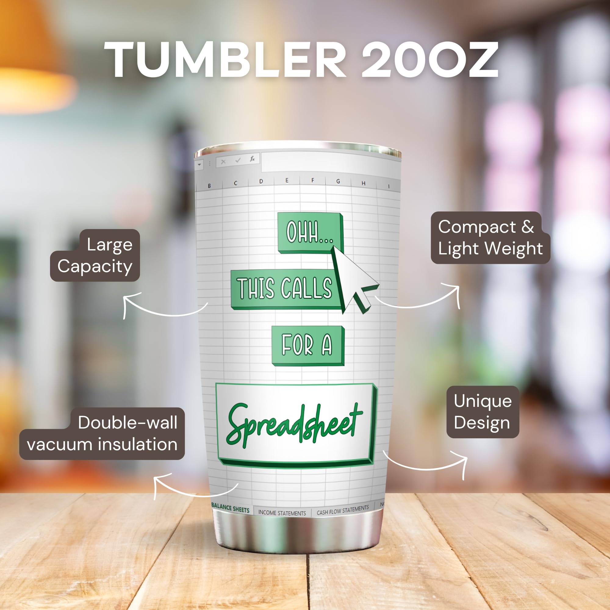 Livinges Excel Shortcuts Tumbler; desk companion with handy shortcuts reference.