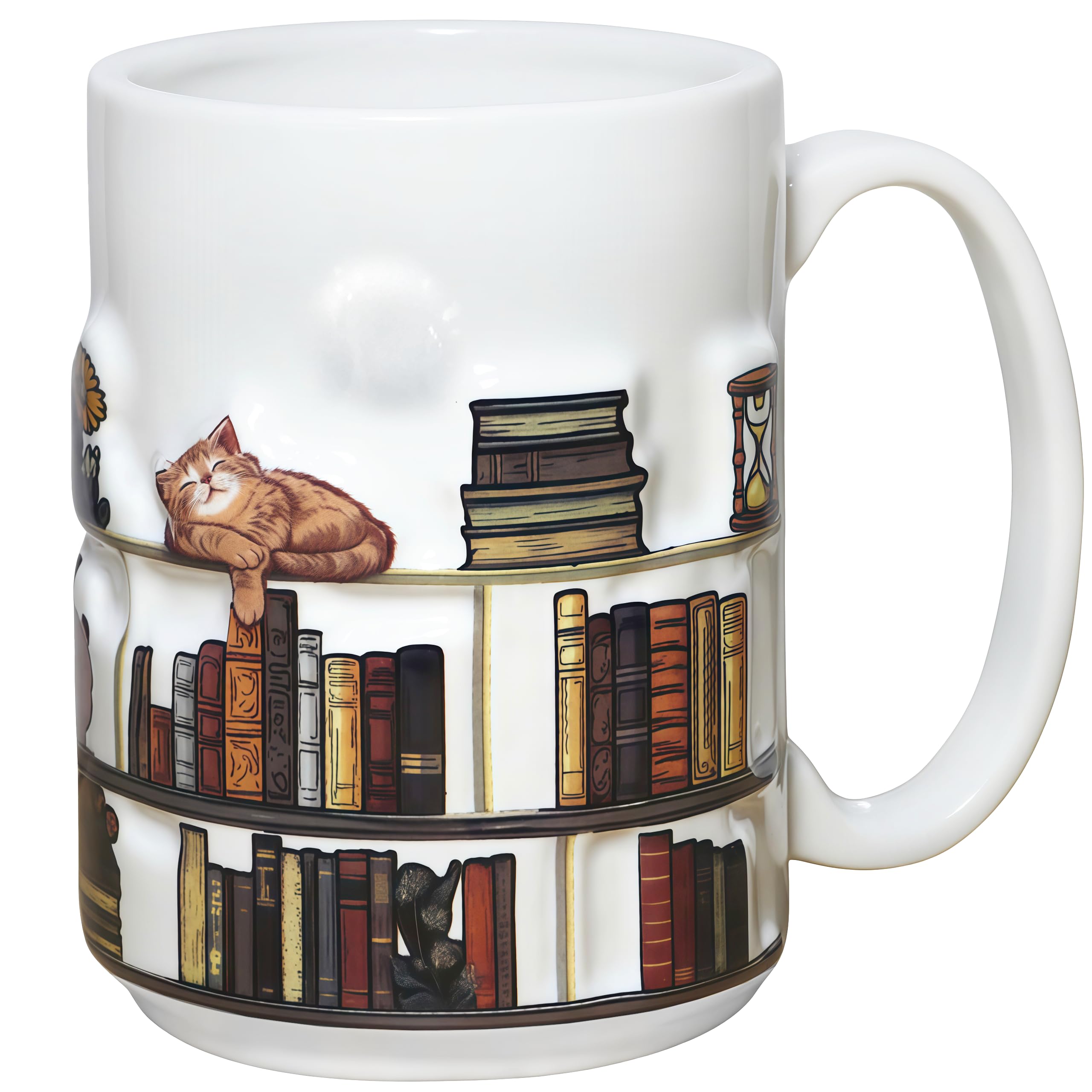 Livinges 3D book mug front view with 3D bookshelf and cats for cozy reading sessions