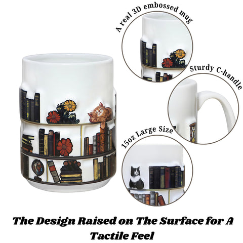 Livinges library shelf mug 3D cats illustration, ideal for cat lovers and readers
