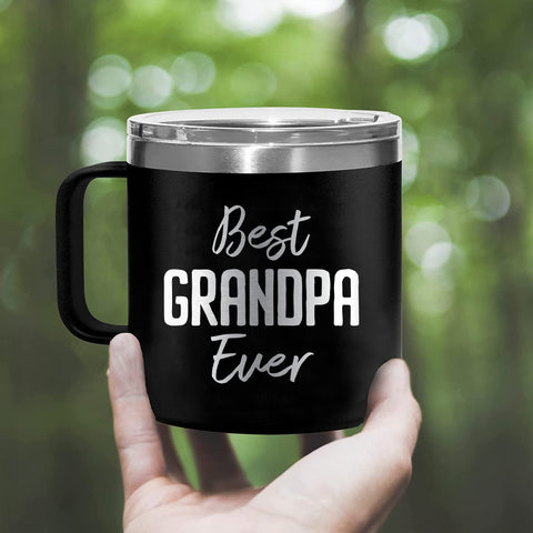 Livinges Papa mug with lid closed ideal for on-the-go gifting.