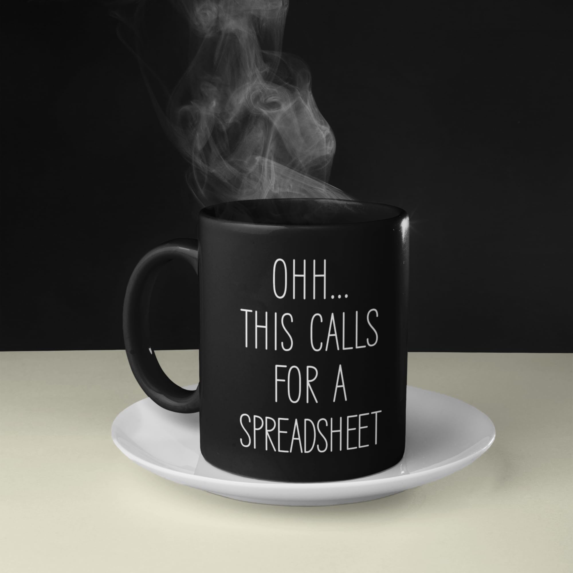 Livinges spreadsheet mug in an office corner as a compact coffee companion.