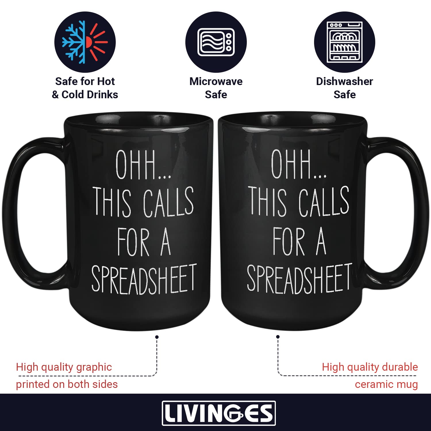 Livinges spreadsheet mug side view shows double-sided print for both-handed use.