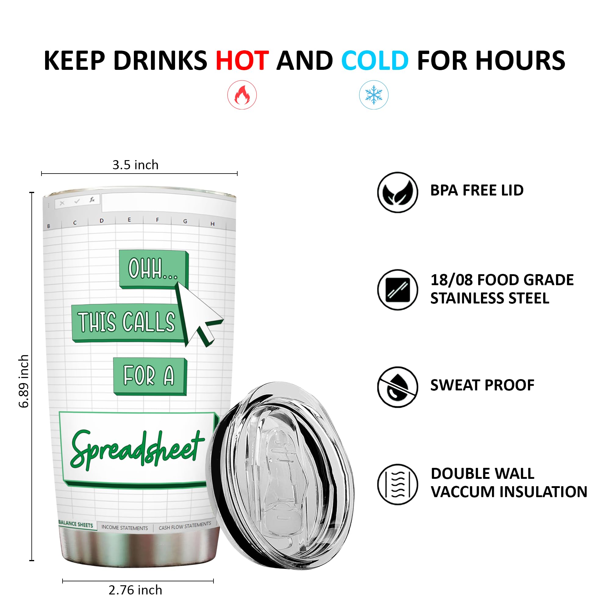Livinges Spreadsheet Tumbler stainless steel body; premium build preserves drinks temperature.