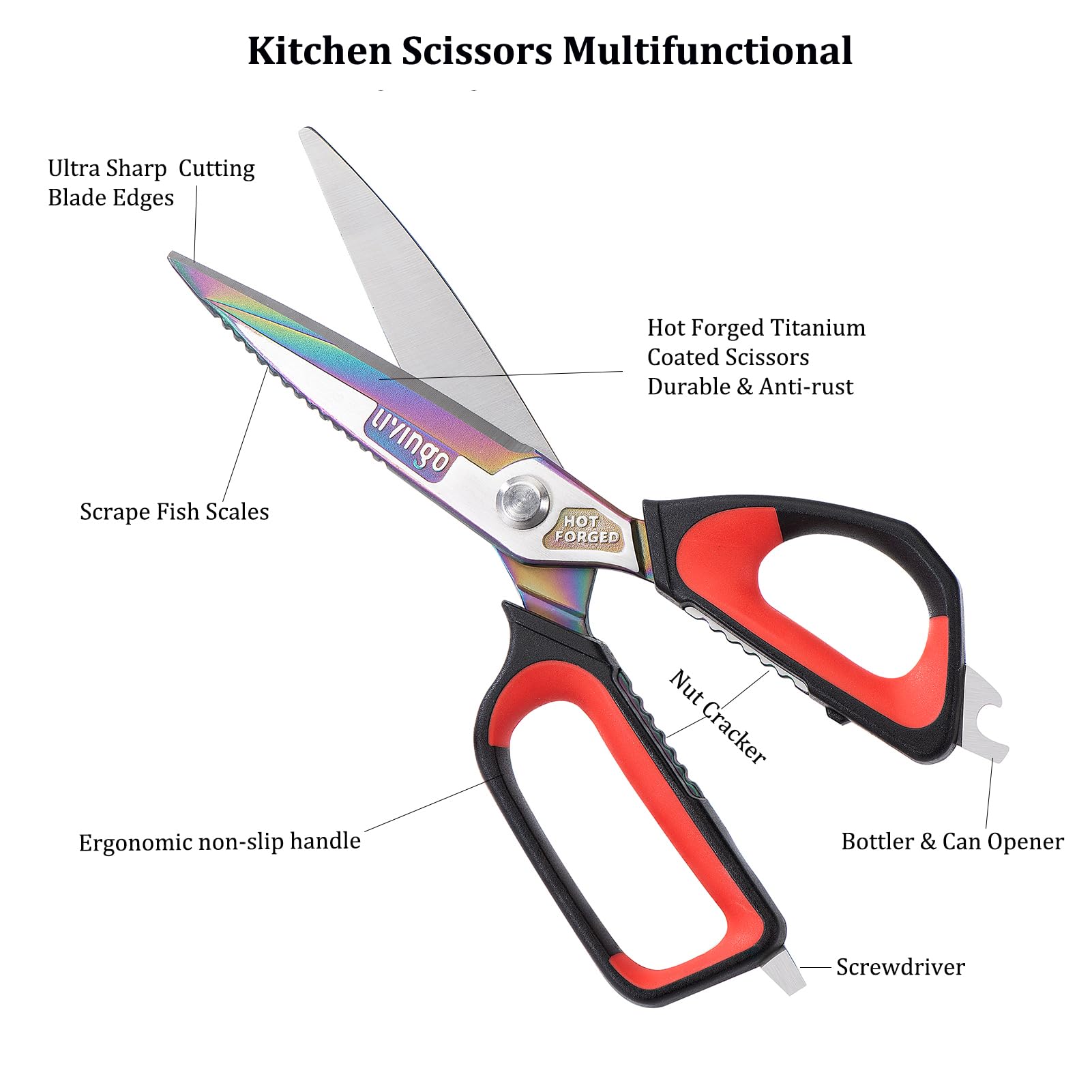 LIVINGO heavy-duty kitchen shears with bottle and can opener for versatile prep