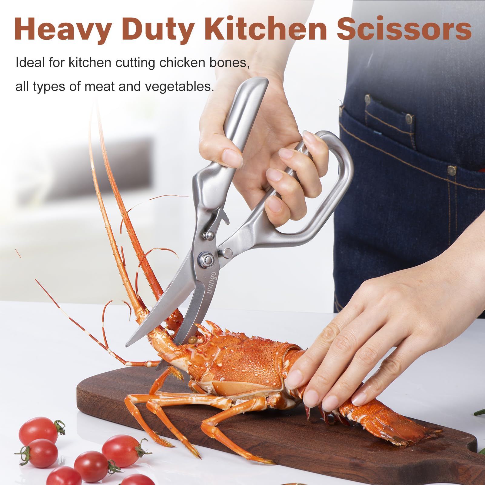 LIVINGO Kitchen Scissors lightweight ergonomic design reduces hand fatigue.