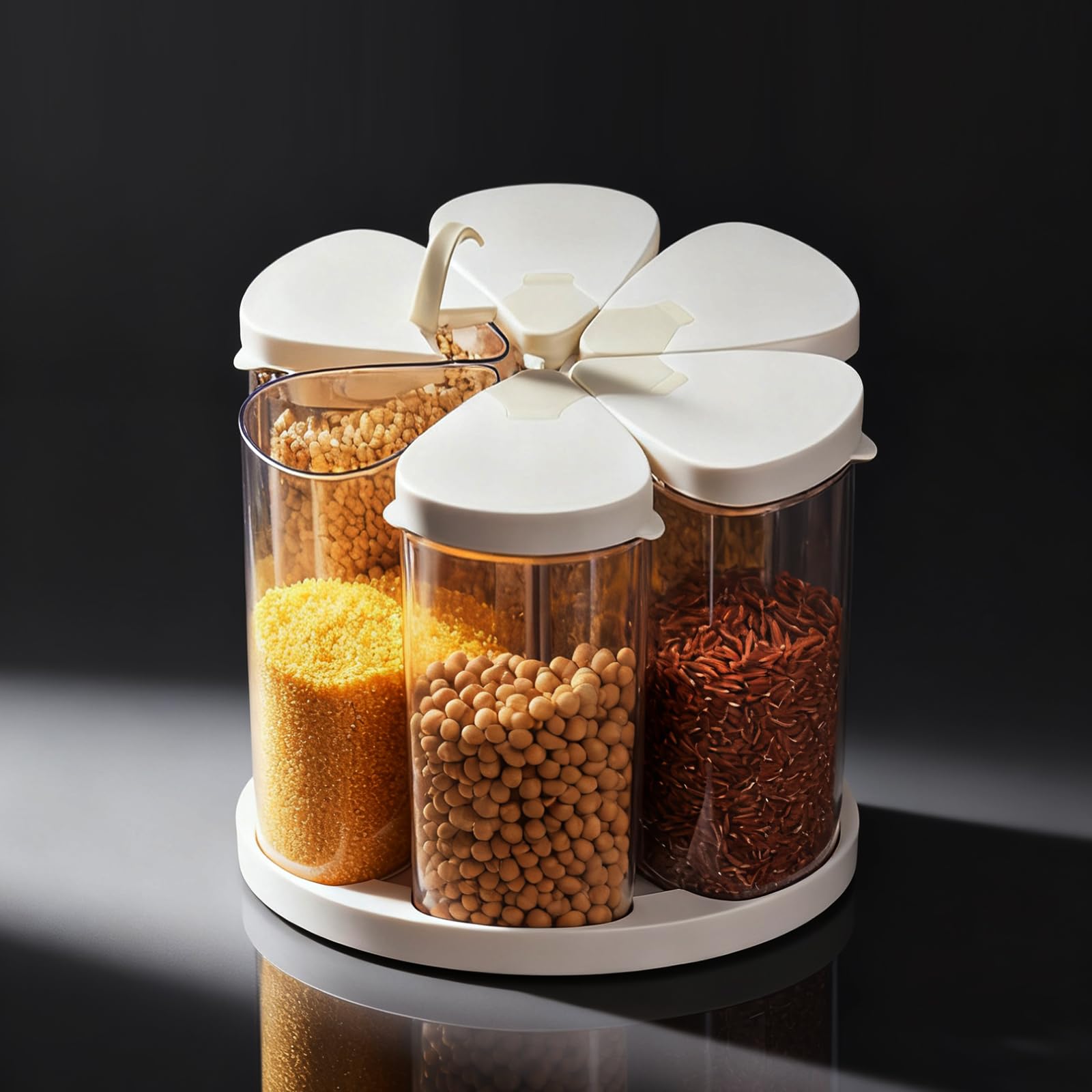 LivLab Mker rice dispenser with six clear canisters for easy pantry viewing