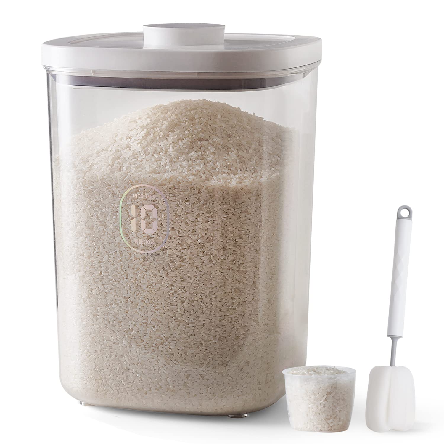 LivLab rice dispenser front view in white for easy pantry storage