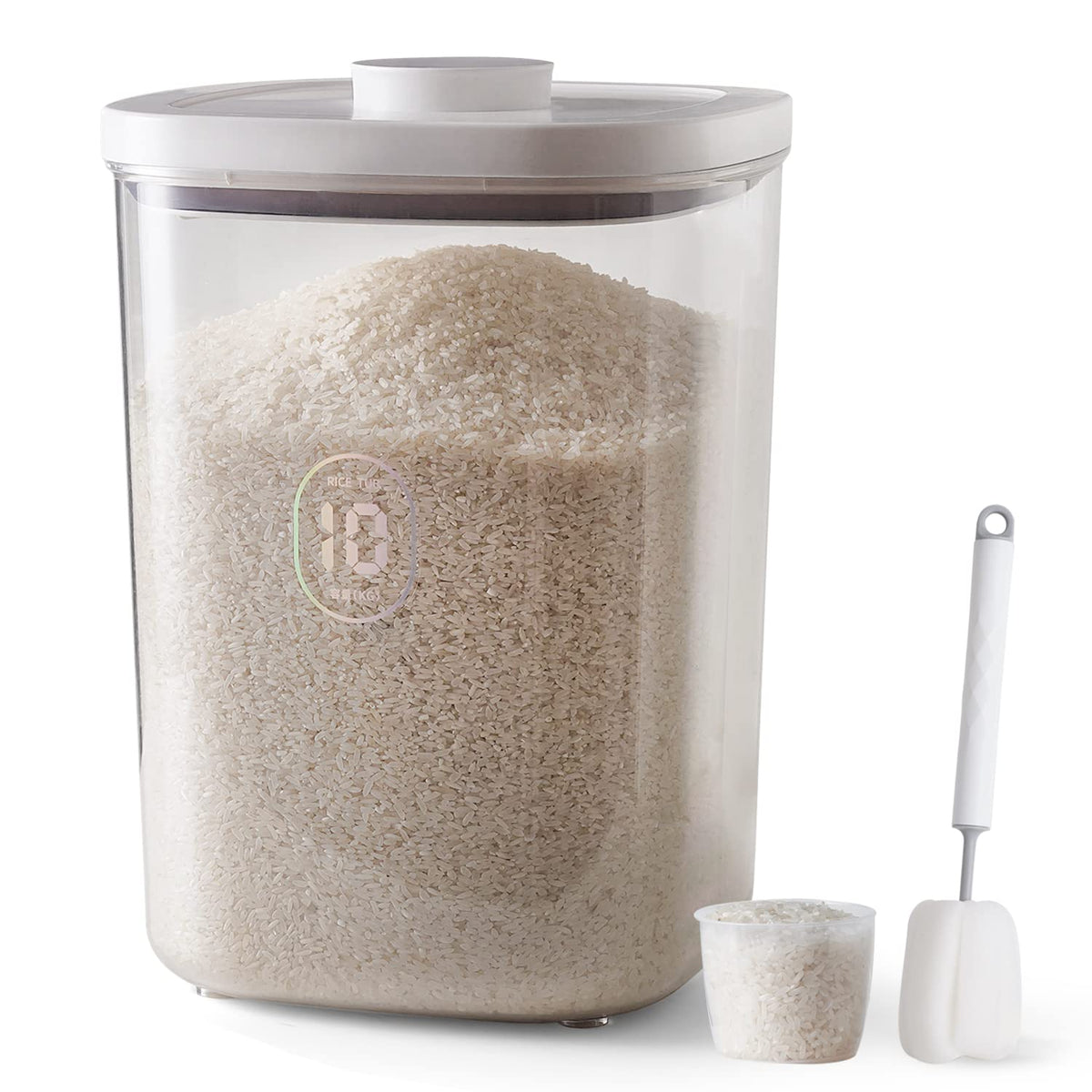 LivLab rice dispenser front view in white for easy pantry storage