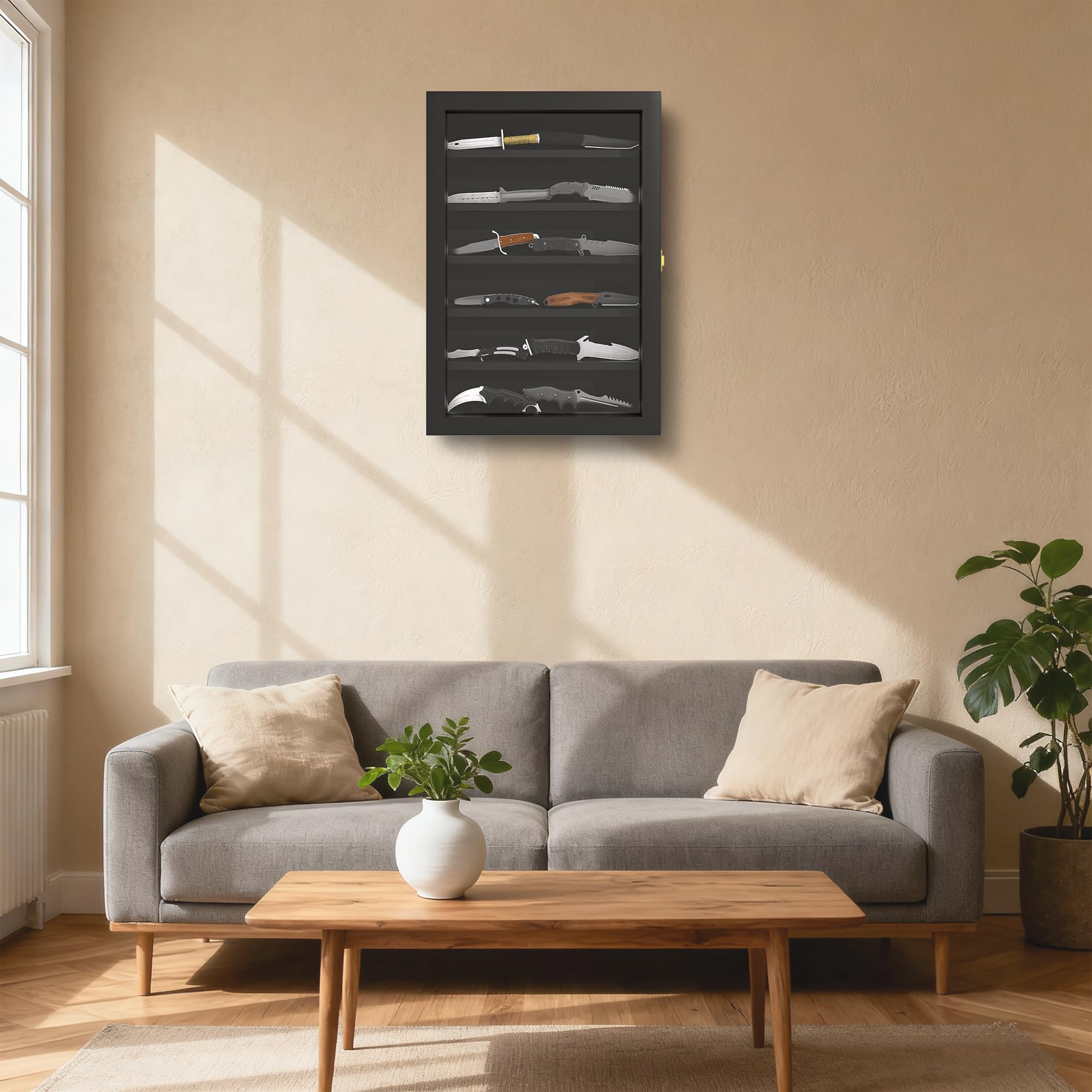Livnhood display case features removable shelves for different knife sizes.