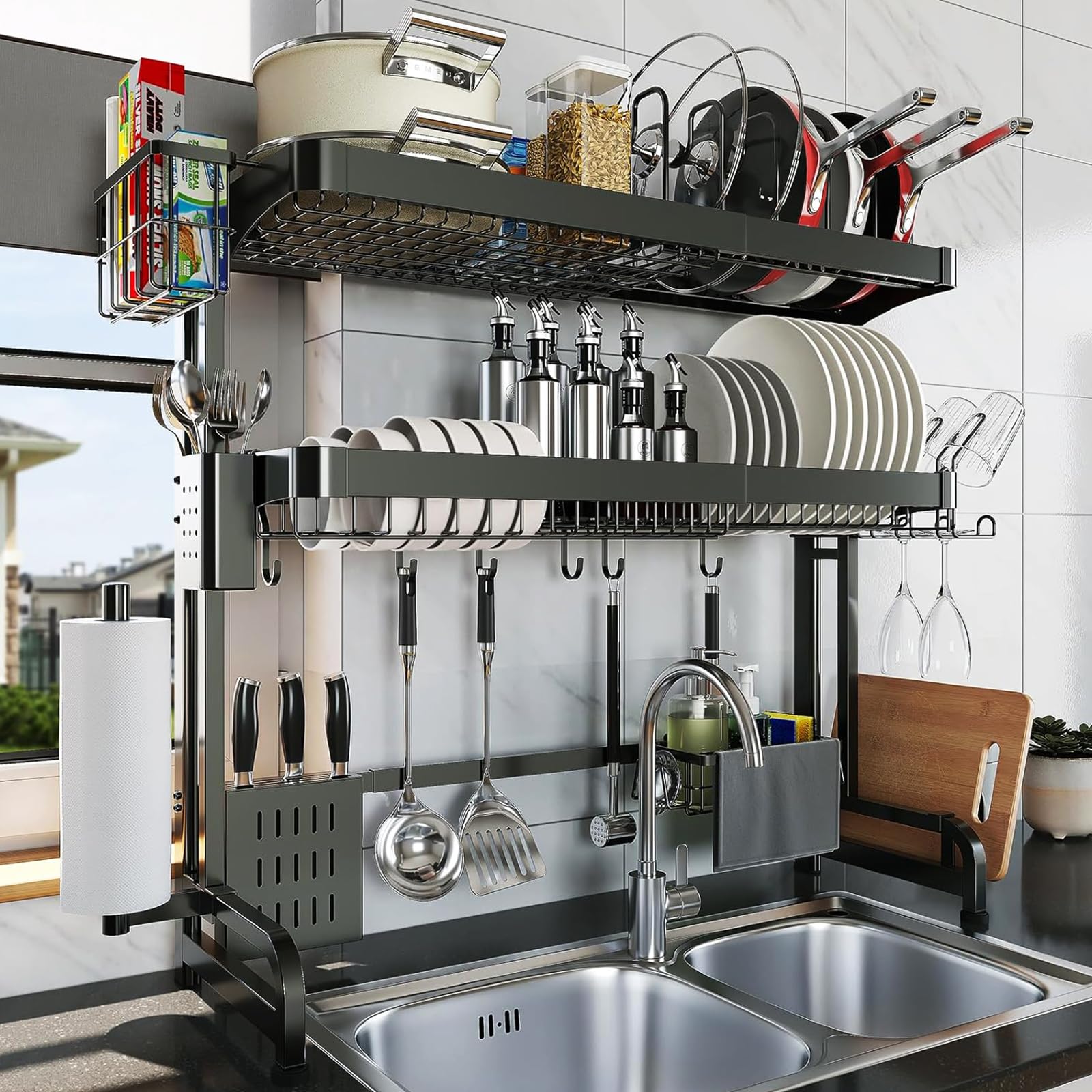 LIVOD over-sink rack top layer holds pots, bottles, and cups for clutter-free counter space.