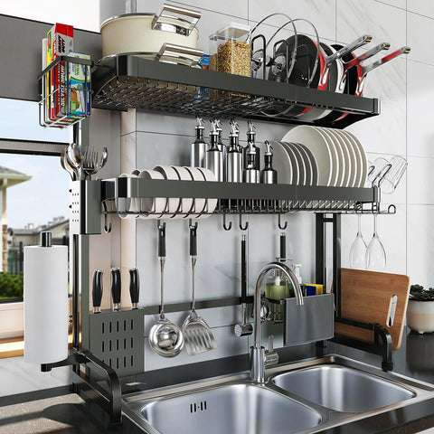 LIVOD over-sink rack top layer holds pots, bottles, and cups for clutter-free counter space.