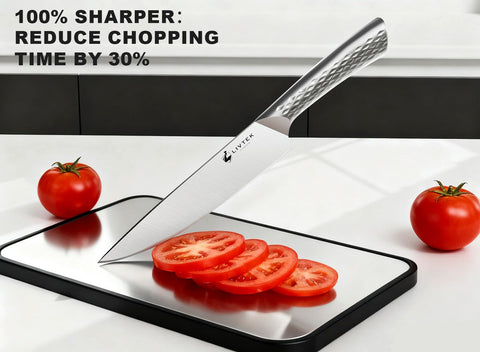 Livtek 8-inch chef knife with ergonomic handle delivers precise, comfortable cuts.