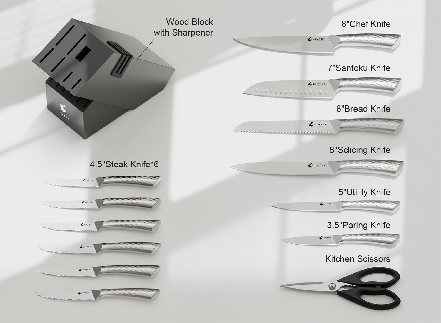 Livtek 8-inch slicing knife for clean, even slices of meat and vegetables.