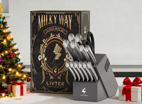 Livtek kitchen shears stored in the block for quick, versatile use.