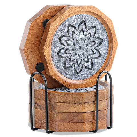 LiWiBet acacia wood coaster with absorbent grey felt for spill protection.