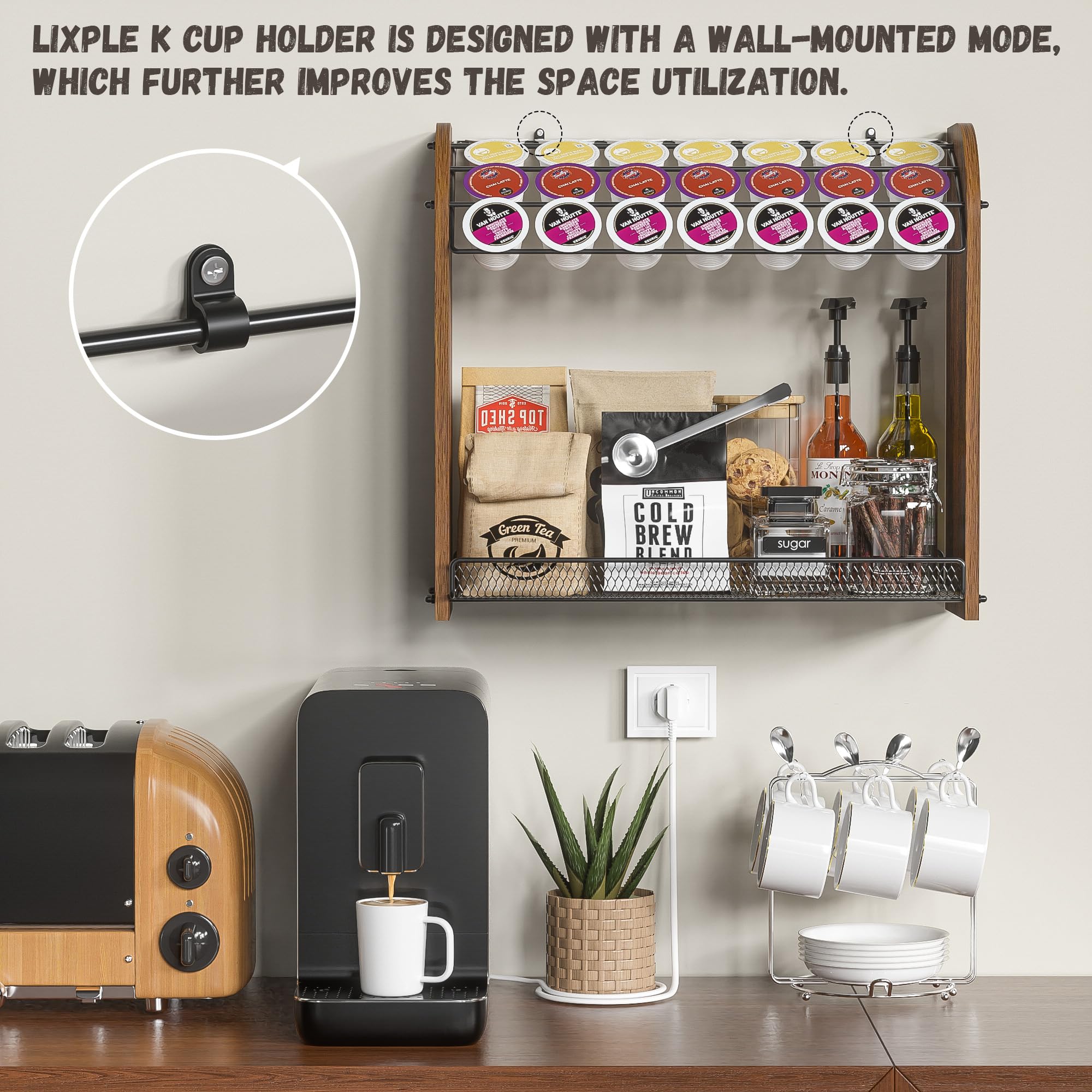 Lixple K Cup Holder compact design shown on a small kitchen counter.