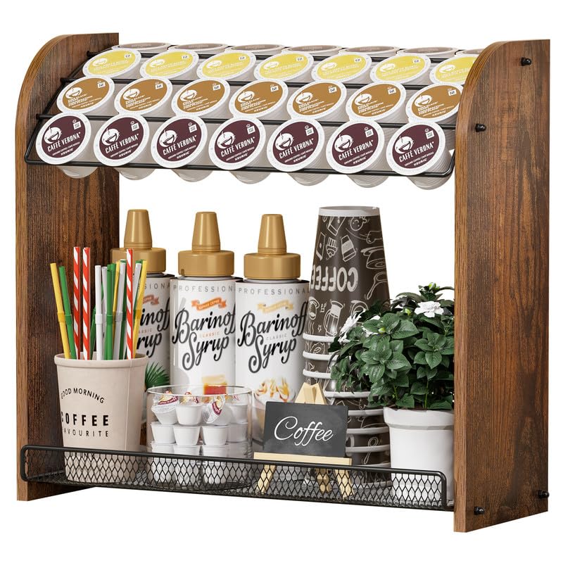Lixple K Cup Holder front view with rustic brown finish for stylish counter organization.