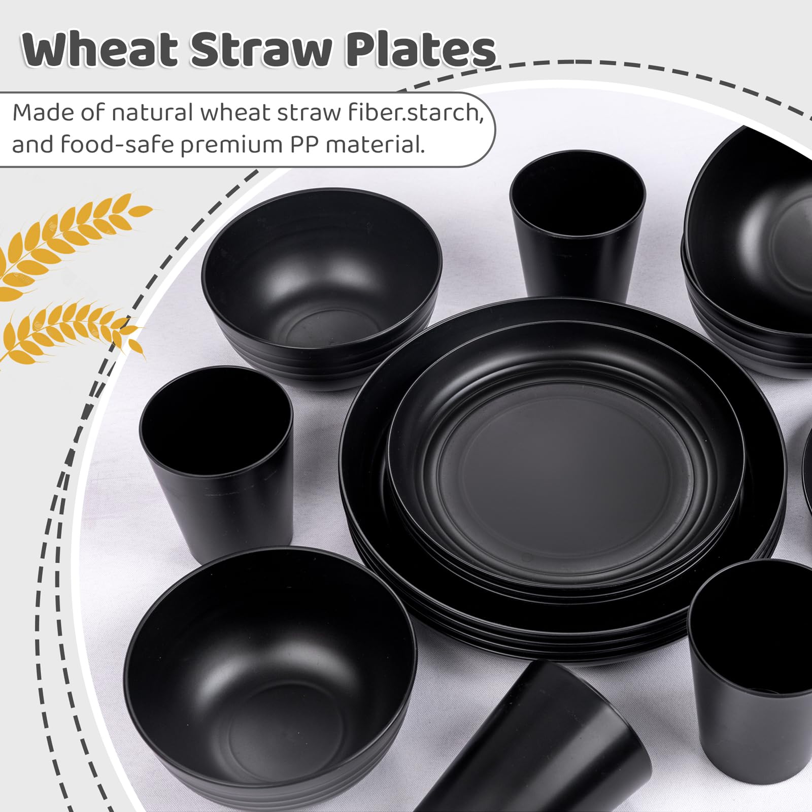 LIYH 16-piece black wheat straw dinnerware set – durable bowls for soups and cereals.