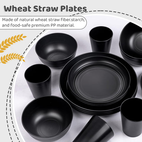 LIYH 16-piece black wheat straw dinnerware set – durable bowls for soups and cereals.