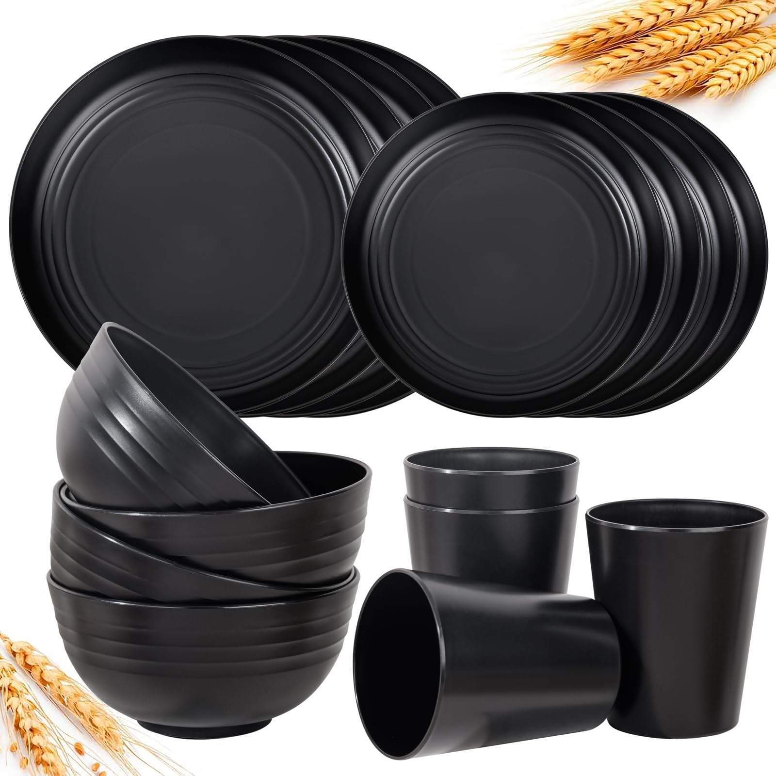 LIYH 16-piece black wheat straw dinnerware set – unbreakable plates for everyday meals.
