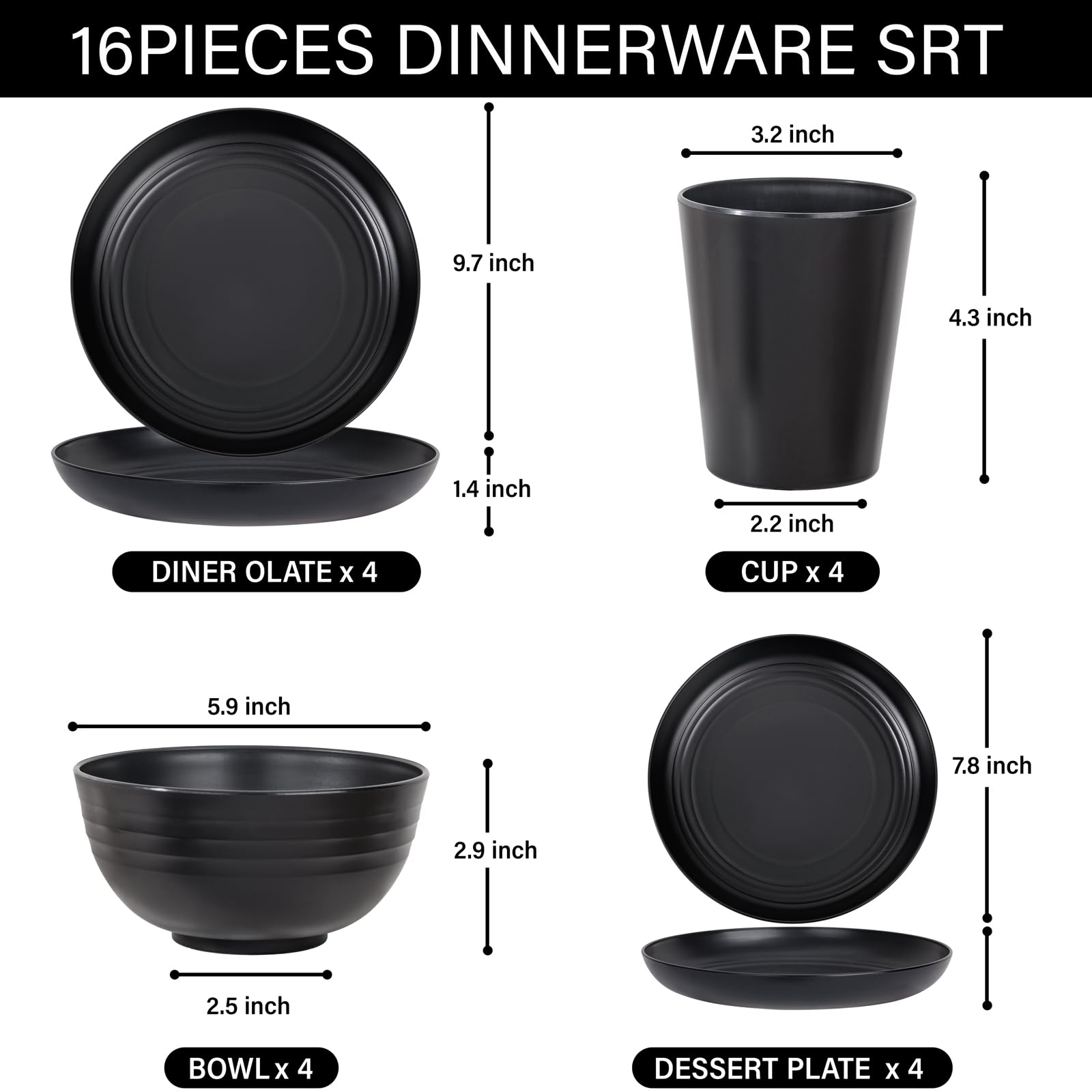 LIYH 16-piece black wheat straw dinnerware set – salad plates for quick, colorful lunches.