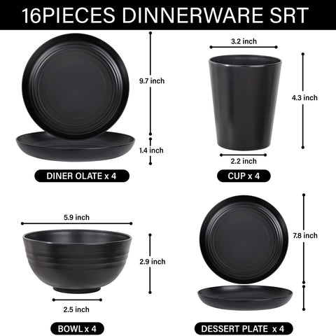 LIYH 16-piece black wheat straw dinnerware set – salad plates for quick, colorful lunches.