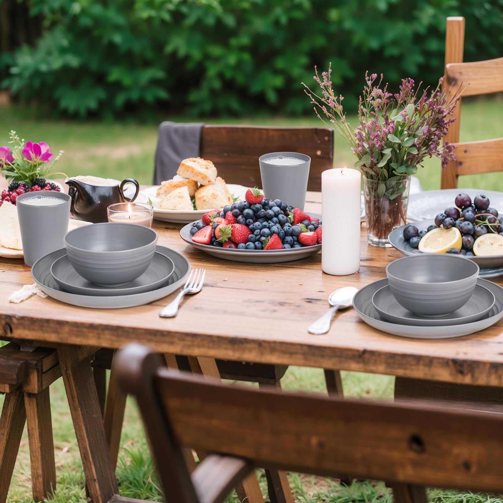 LIYH grey wheat straw dinnerware set ideal for camping and picnics