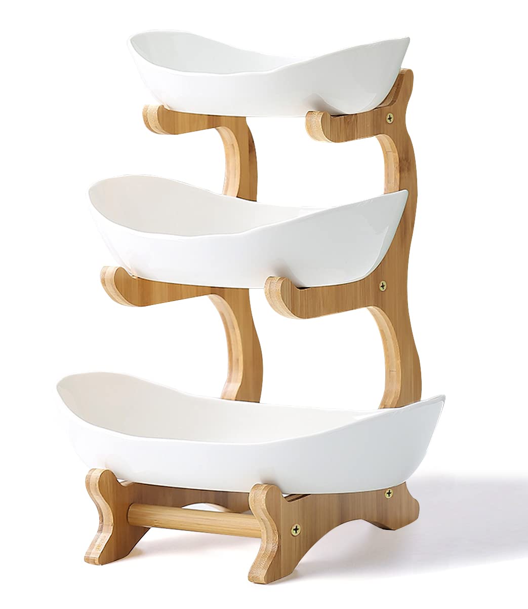 Liywall 3-tier ceramic fruit bowl assembly on a clean kitchen counter for organized snacking