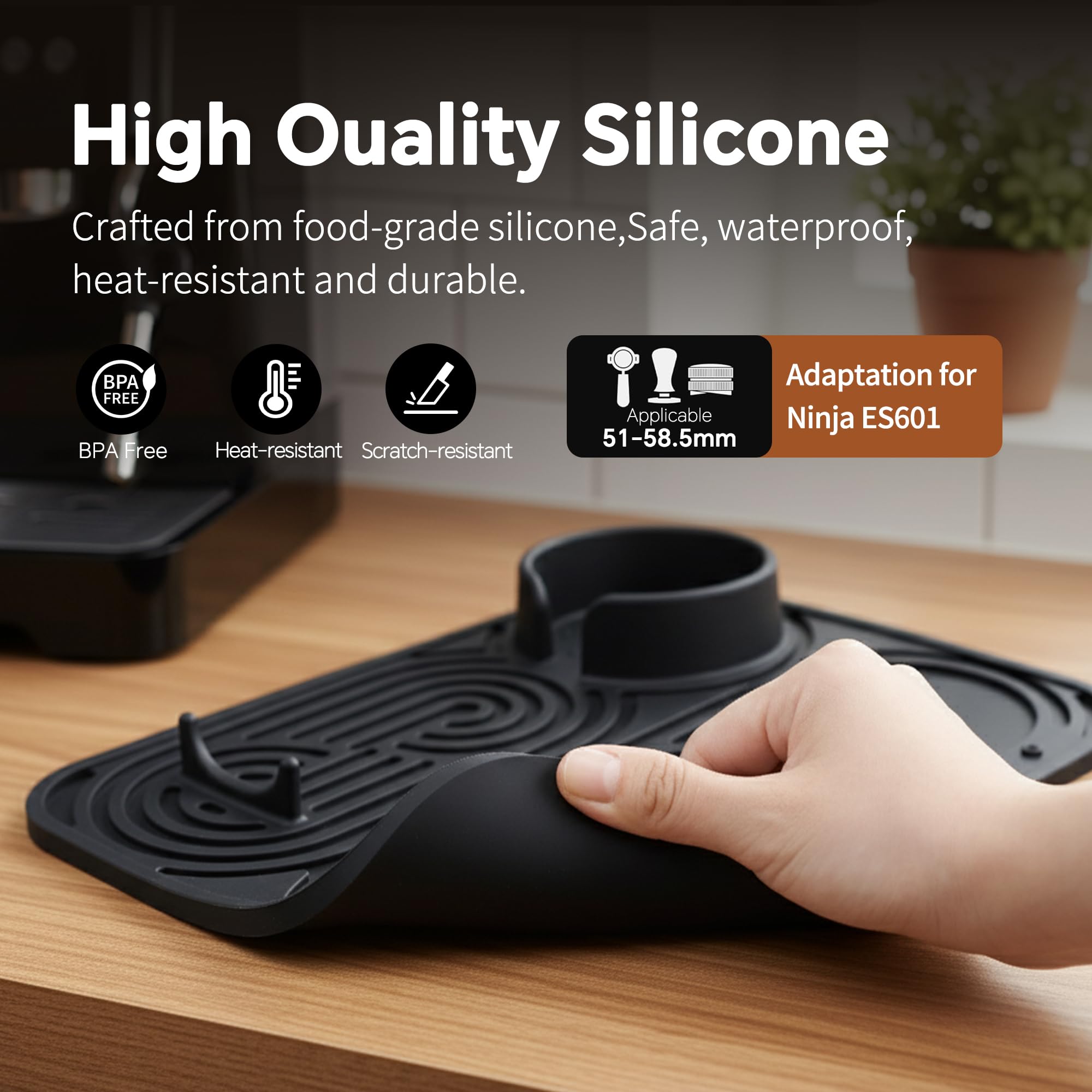 LJOWJVA silicone coffee mat portafilter-area layout for secure placement