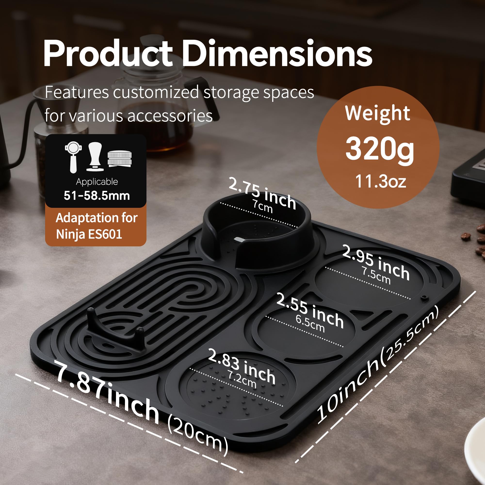 LJOWJVA silicone coffee mat tamper-area layout for organized espresso setup
