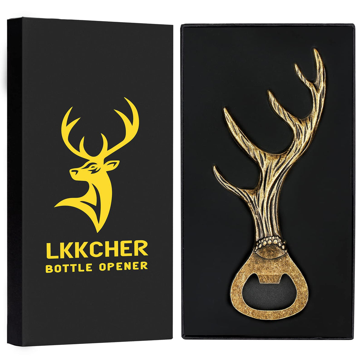 LKKCHER deer antler bottle opener with close view of grip and finish